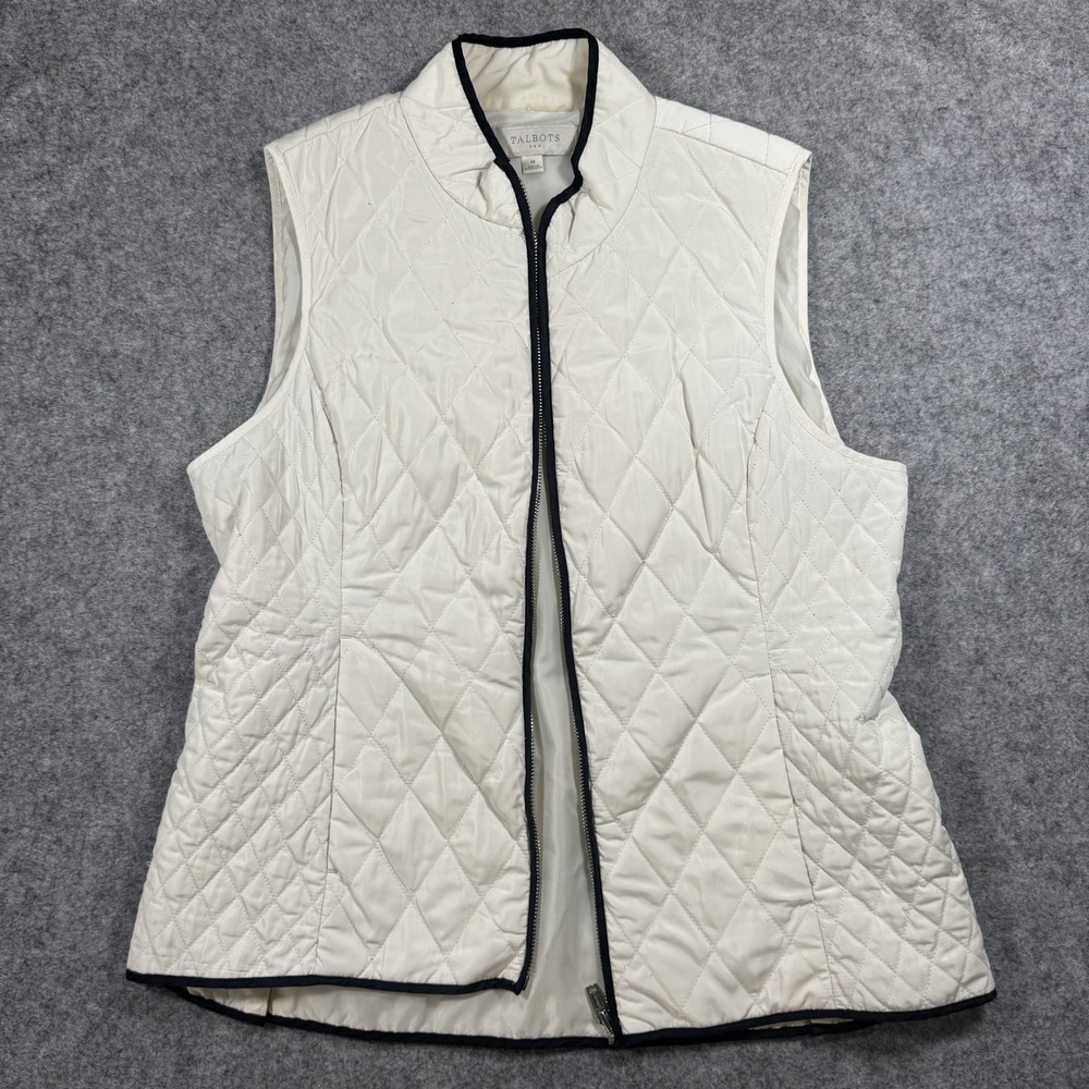 Talbots Quilted Zip-Front Vest Size Medium White Navy Trim Polyester